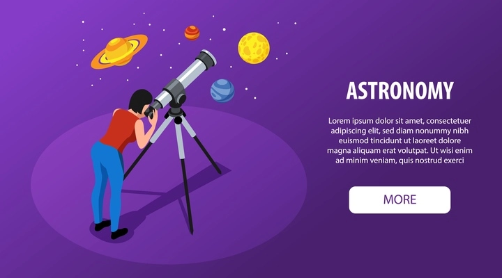 Astronomy isometric horizontal banner with man looking on planets and stars in night sky through telescope vector illustration