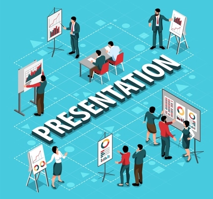 Presentation isometric flowchart with people presenting business project startup analytical data statistics or financial report vector illustration