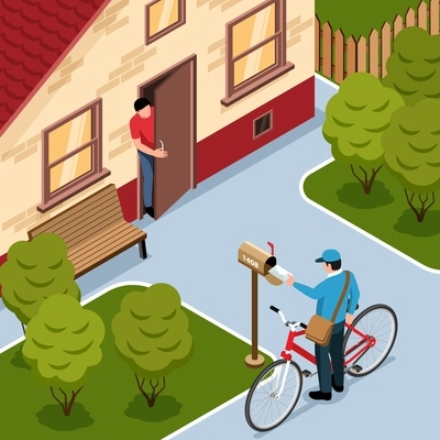 Postman isometric background with postal worker in uniform delivering letter by bicycle and putting envelope into post box vector illustration