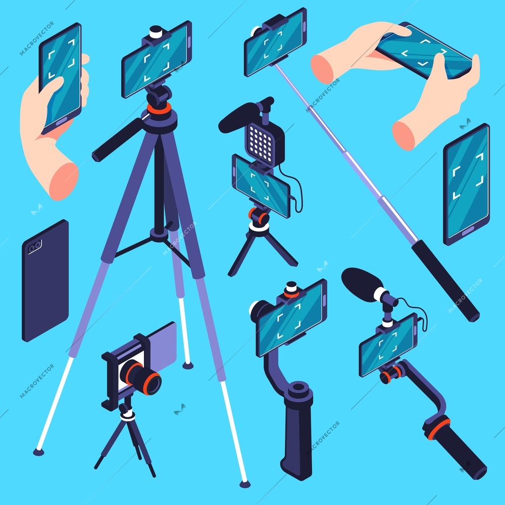 Set of professional devices for video and photo shooting with smartphone camera isolated vector illustration