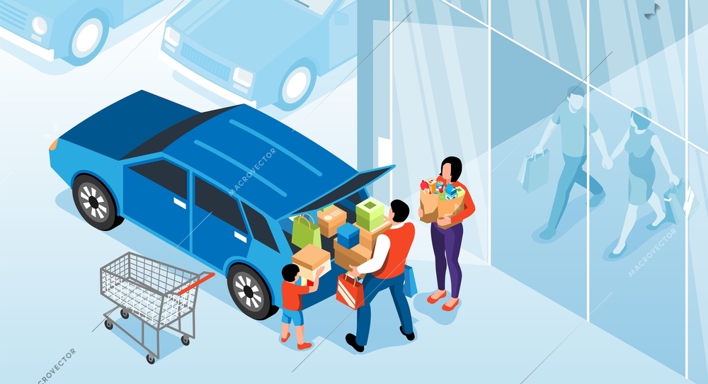 Family shopping horizontal vector illustration with mother father and their child putting boxes with purchases in car trunk