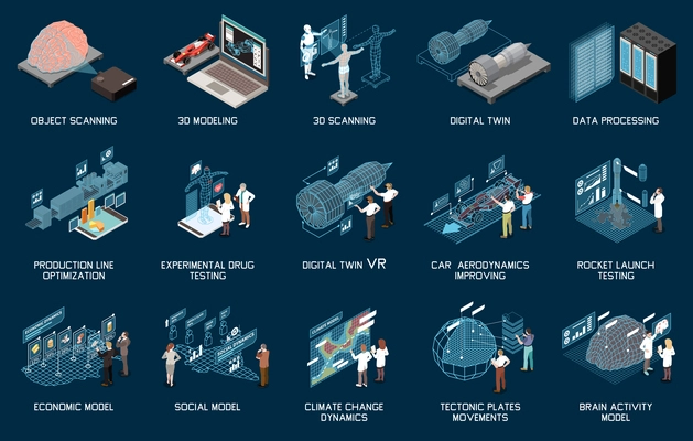 Digital twin technology isometric set with 3d modelling testing scanning isolated on dark background vector illustration