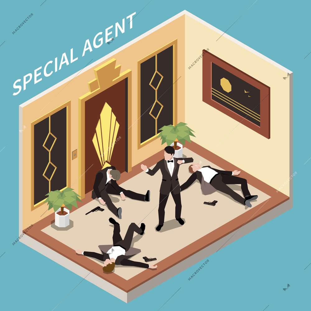 Special agent wearing black suit after firefight in hall with killed men around 3d isometric vector illustration