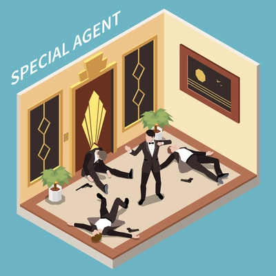 Special agent wearing black suit after firefight in hall with killed men around 3d isometric vector illustration