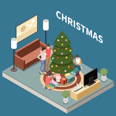 Family holidays isometric composition with christmas celebration people around decorated tree in living room unwrapping gifts 3d vector illustration