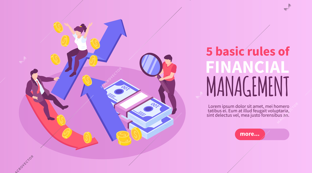 Isometric basic rules of financial management horizontal banner with editable text people and finance symbols 3d vector illustration