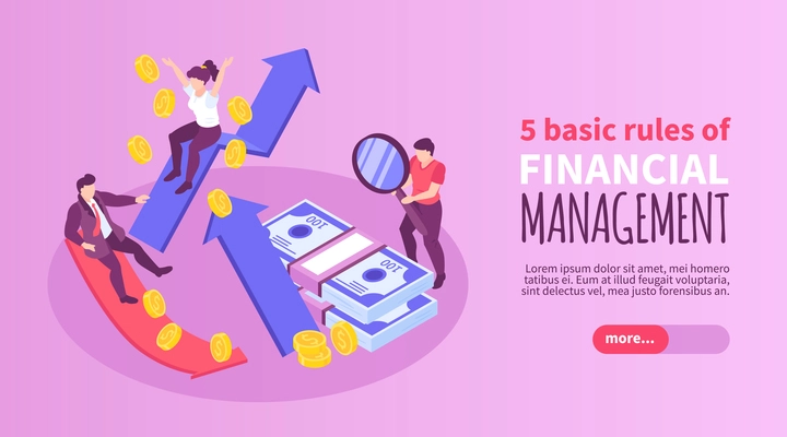 Isometric basic rules of financial management horizontal banner with editable text people and finance symbols 3d vector illustration