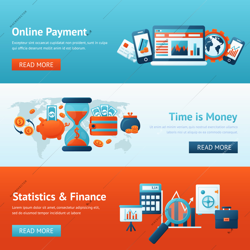 Bank flat banner set with online payment time is money statistics and finance isolated vector illustration