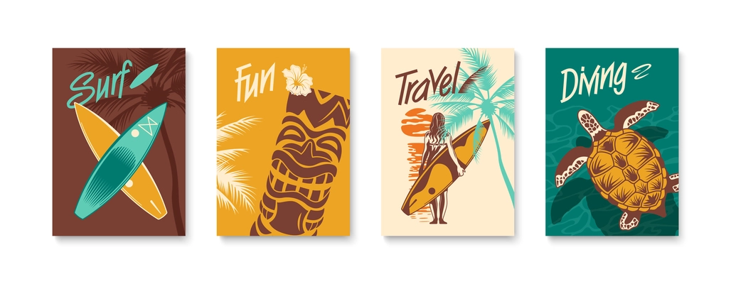 Summer vacation color poster set with surfboards travel bus tropical underwater animals hand drawn vector illustration