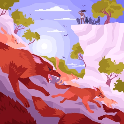 Flat mowgli composition with the hero stands on top of the mountain and looks at the wolves vector illustration