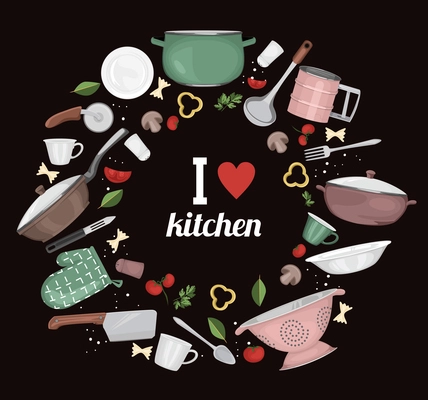 Kitchen chalkboard with round composition of isolated icons of kitchenware with vegetable slices and editable text vector illustration
