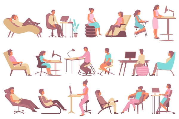 People using modern ergonomic furniture for rest and work flat set isolated vector illustration