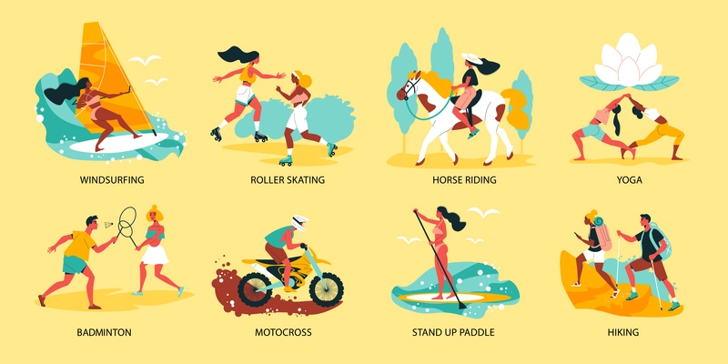 Summer activities colored compositions on yellow background with text comment including yoga horse riding motocross badminton flat vector illustration