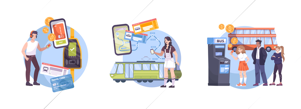 Set of three flat compositions with people using public transport app paying fare buying tickets isolated vector illustration