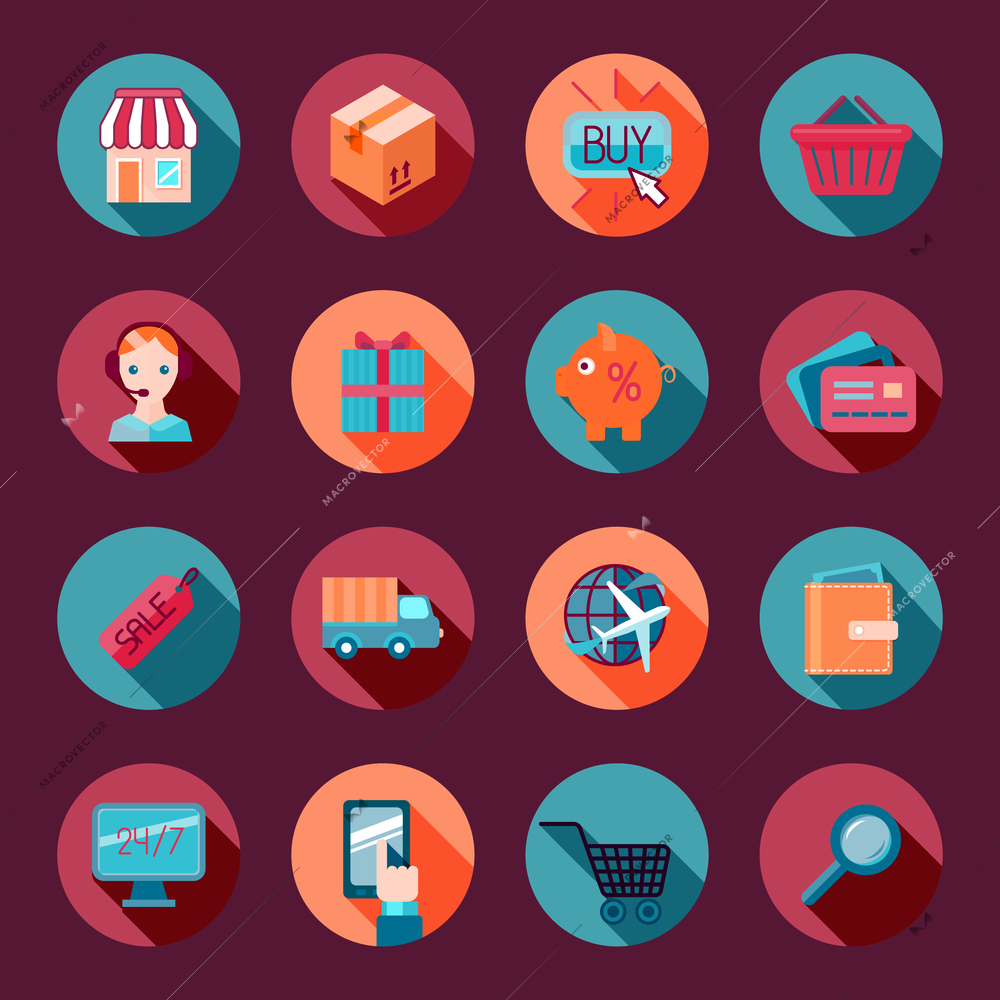 Online shopping customer support e-commerce flat icons set isolated vector illustration