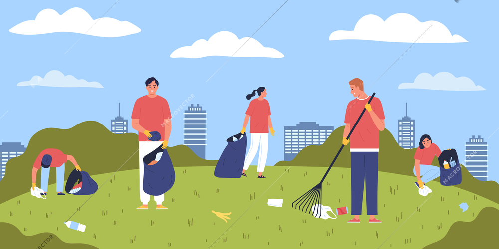 Garbage recycling city composition with outdoor scenery of urban park with cityscape and people collecting waste vector illustration