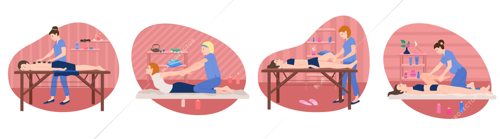 Massage people flat compositions set with indoor views and characters of massage therapists with patient clients vector illustration