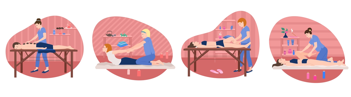 Massage people flat compositions set with indoor views and characters of massage therapists with patient clients vector illustration