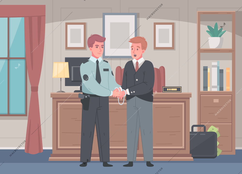 Corruption crime cartoon composition police officer arresting government official for illegal use of budget money vector illustration