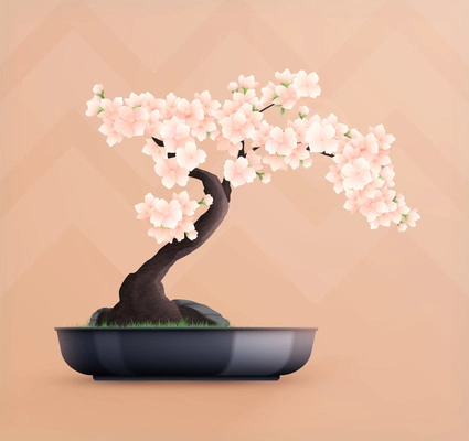 Beautiful sakura bonsai tree in pot on light brown geometric background flat vector illustration