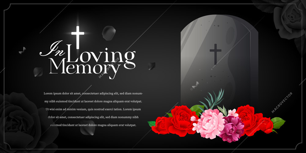 In loving memory black horizontal obituary poster with colorful flowers and tombstone realistic vector illustration