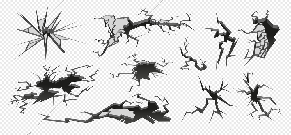 Realistic earthquake cracked ground with holes and clefts set isolated on transparent background vector illustration