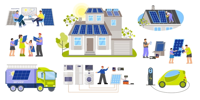 Set of isolated solar house flat icons with characters of service workers electric vehicles and roofs vector illustration