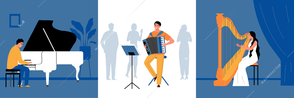 Musicians design concept set of piano player violoncellist accordionist square icons flat vector illustration