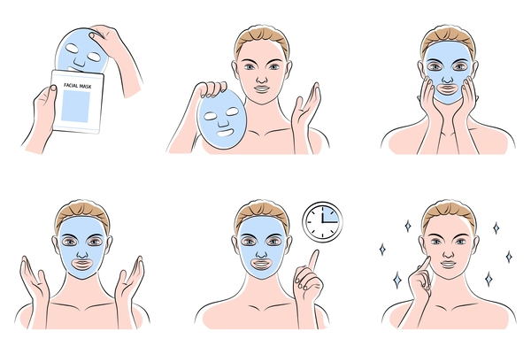 Woman skin care flat icons set of stages of procedure for applying nourishing or rejuvenating facial mask vector illustration