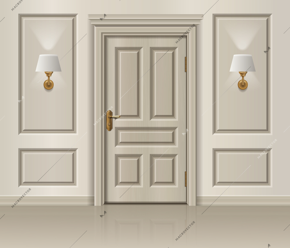 Door realistic composition with view of ornate wall with lamps and grey door with golden handle vector illustration