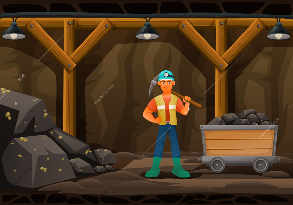 Mining miner cartoon composition with underground scenery and character of male worker holding pickaxe with minecart vector illustration