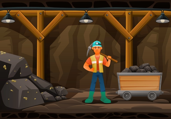 Mining miner cartoon composition with underground scenery and character of male worker holding pickaxe with minecart vector illustration