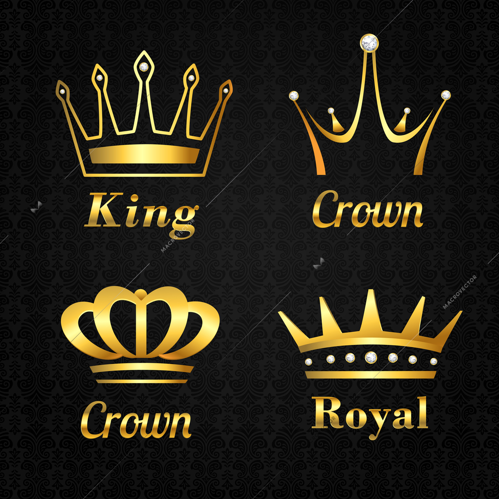 Golden heraldry kings and queen royal crowns set on black background vector illustration