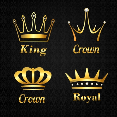 Golden heraldry kings and queen royal crowns set on black background vector illustration