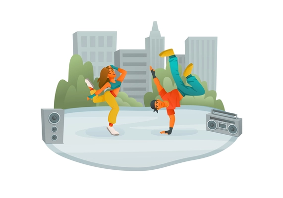 Street performer artist musician dancer cartoon composition with city buildings square with guys dancing to boombox vector illustration