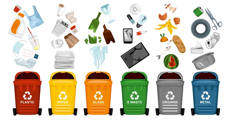 Trash set with isolated icons of sorted pieces of garbage with range of colorful waste containers vector illustration