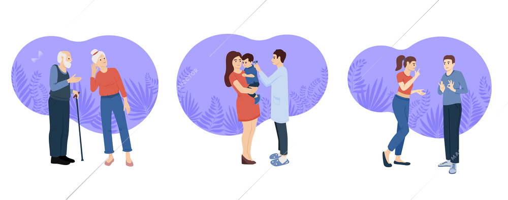 Hearing hygiene deaf problems flat set of three isolated compositions with talking people and medical specialist vector illustration