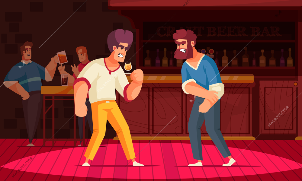 Conflicting people composition with indoor scenery of pub with characters of angry men with bar stand vector illustration