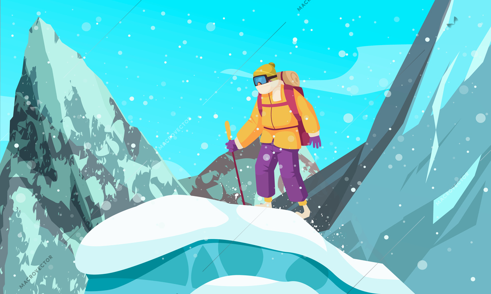 Climber alpinist composition with extreme outdoor landscape with snowy mountains and human character on a hill vector illustration