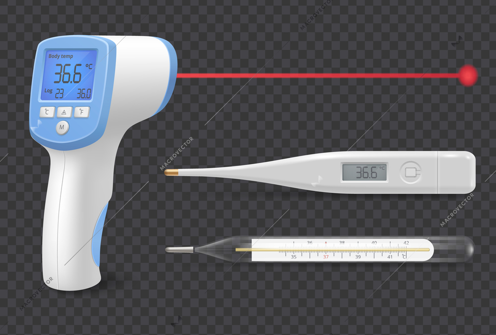 Medical equipment realistic set of digital and mercury thermometers on transparent background isolated vector illustration