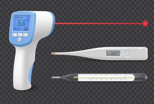 Medical equipment realistic set of digital and mercury thermometers on transparent background isolated vector illustration