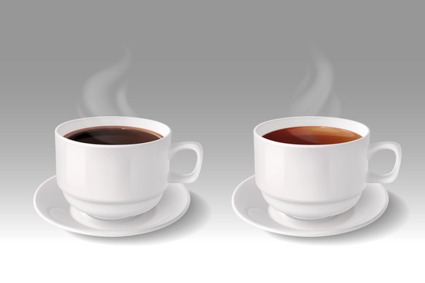 Hot drink realistic composition with two white crockery cups filling tea and coffee vector illustration