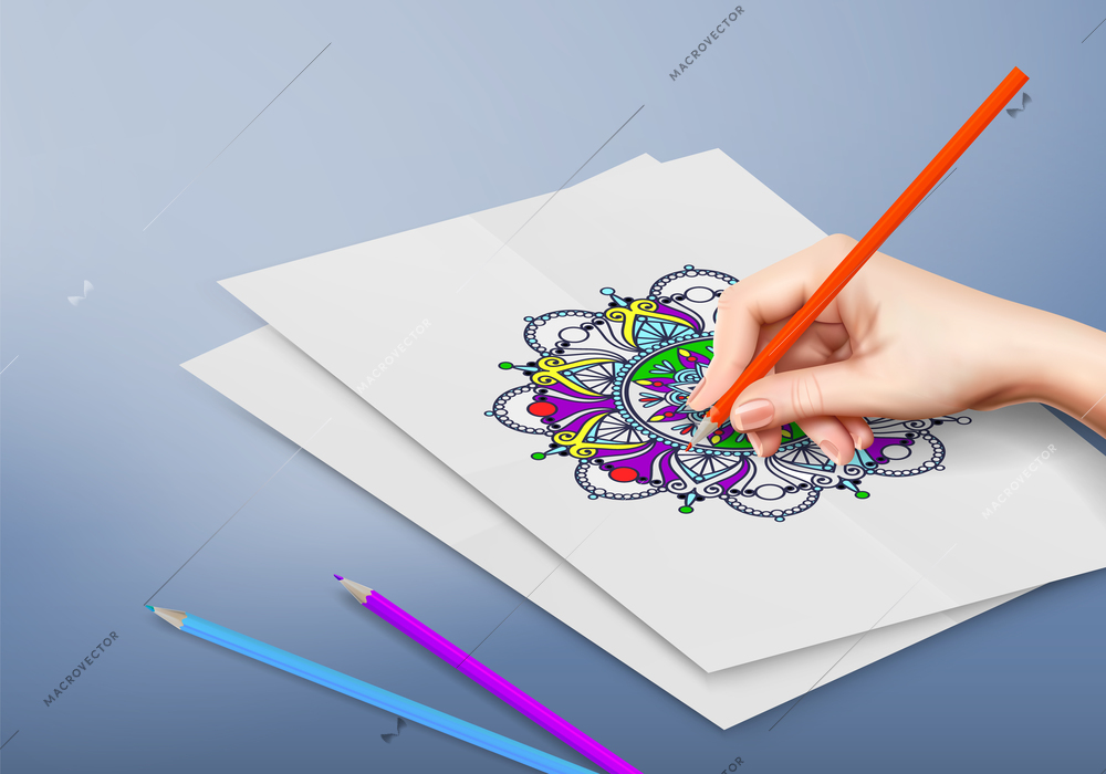 Female hand colouring antistress mandala with coloured pencils realistic vector illustration