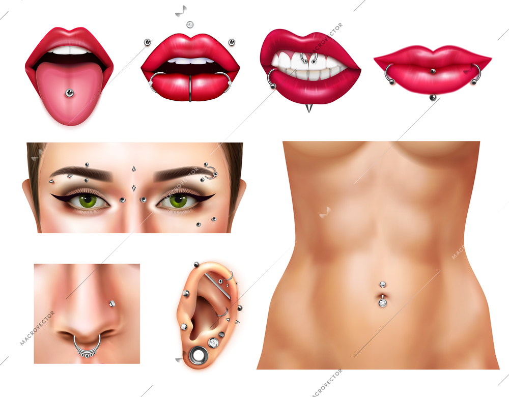 Body and face piercing realistic set with pierced female nose eyebrow lips ear belly button tongue isolated vector illustration