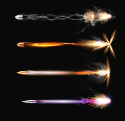 Realistic gun shot flashes with bullets in motion smoke and colorful sparkles on black background isolated realistic vector illustration