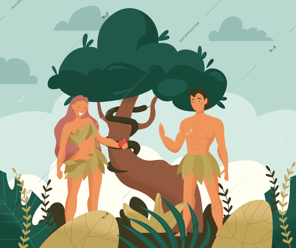 Christ bible story adam eve composition a couple standing by a tree and eve offers adam an apple vector illustration