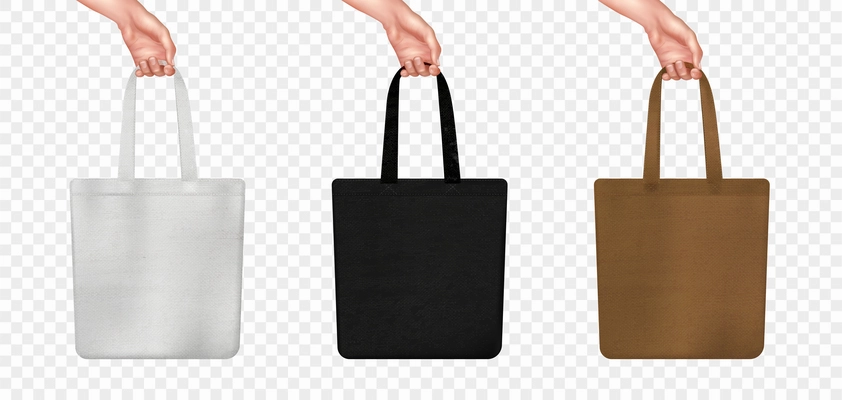 Realistic bag mockup transparent icon set three rag bags in hand in white black and brown colors vector illustration