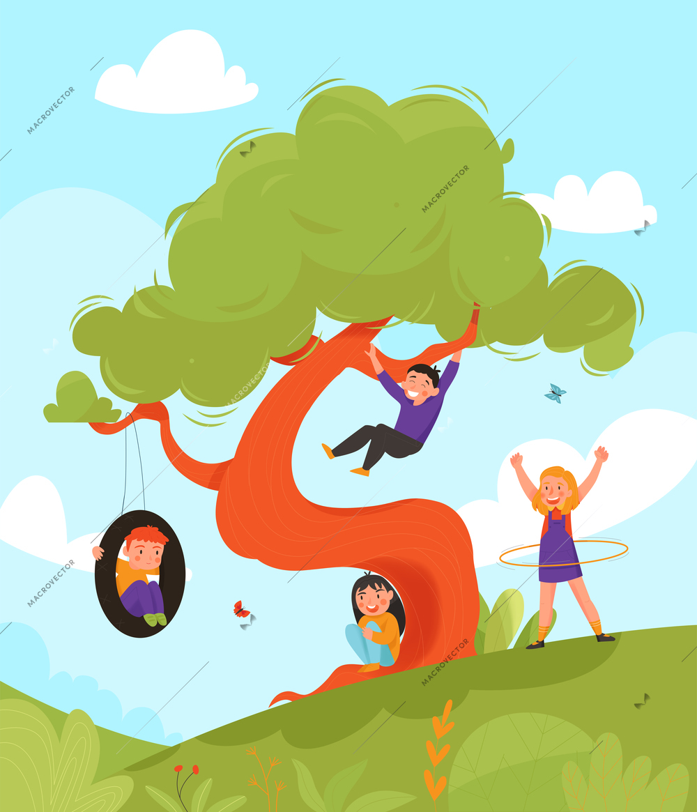 Summer children playing activity tree composition children play in the park riding a car tire on tree climbing a tree and sitting under it in the shade vector illustration