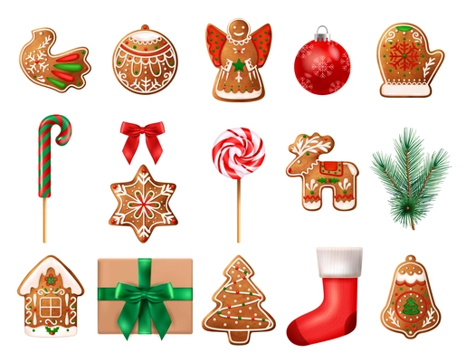 Realistic christmas colored icon set with different attributes for holiday gift box gingerbread cookies lolly on stick and christmas tree vector illustration