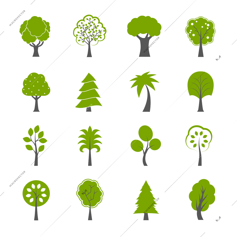 Collection of natural green trees icons set pine fir oak and other trees isolated vector illustration